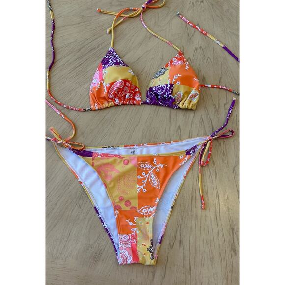 boho bikini & skirt MED Sheer coverup orange yellow Swimsuit 3 Piece Set Sexy - Picture 2 of 7